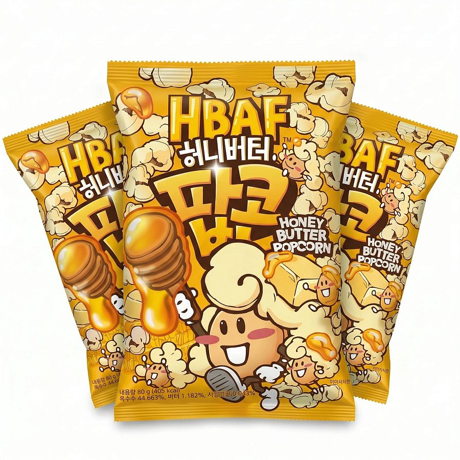 HBAF Korean Imported Exotic Popcorn,  3 Pack | Honey Butter - Specialty Snack by HBAF