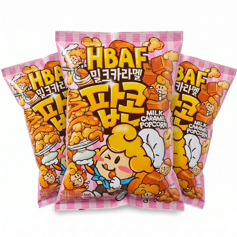 HBAF Korean Imported Exotic Popcorn,  3 Pack | Milk Caramel - Specialty Snack by HBAF