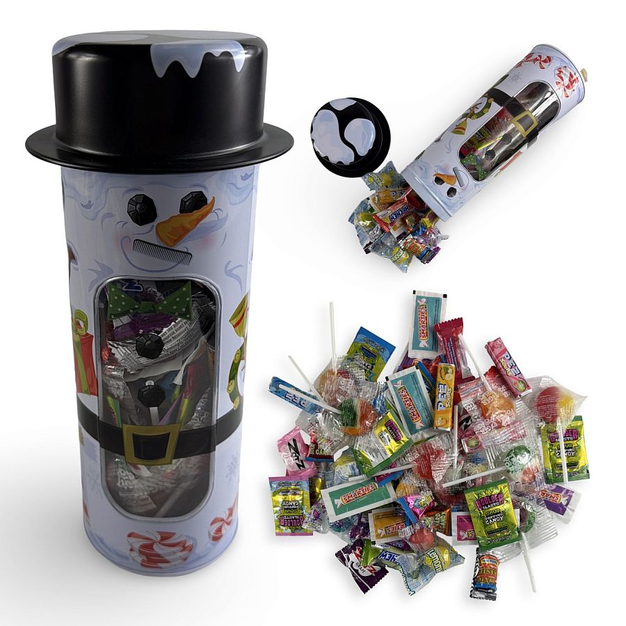Holiday Candy Gift Tin Snowman with Removable Hat | 12 oz Assorted Fruity, Sour & Sweet Candy | Festive Collectible Tin - Specialty Snack by Tribeca Curations