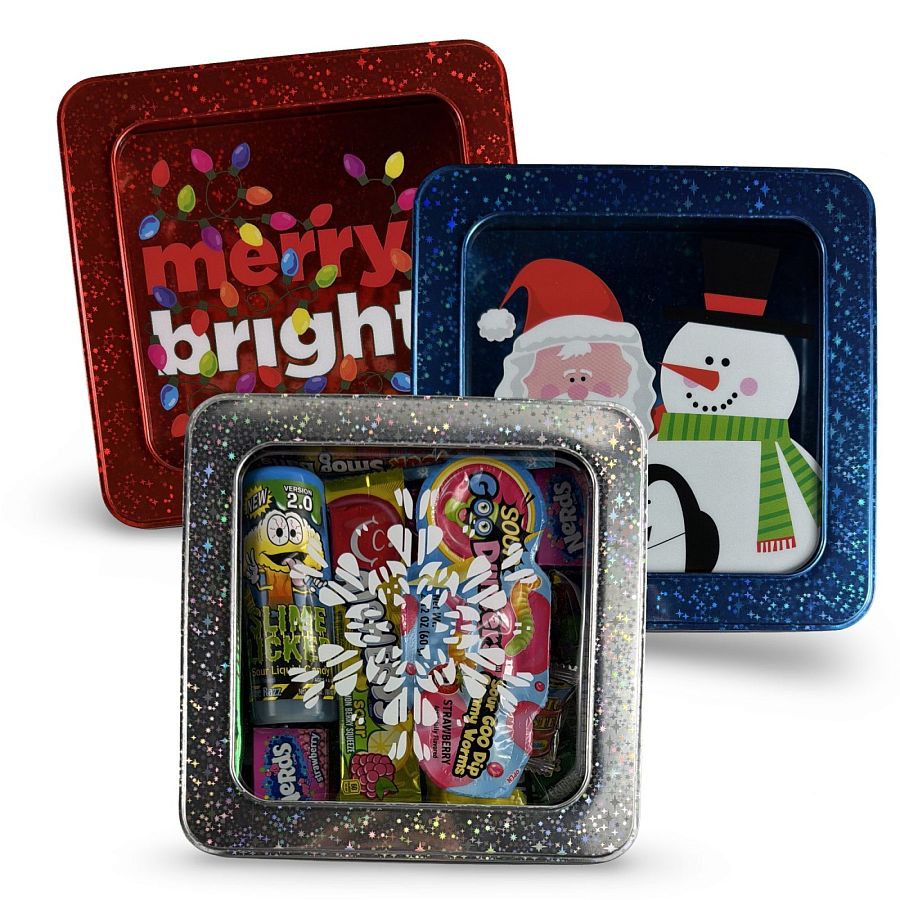 Holiday Candy Gift Tin | Square Color Tin with 1.5 lbs of Fruity, Sour & Sweet Candy | Great Gift Idea - Specialty Snack by Tribeca Curations