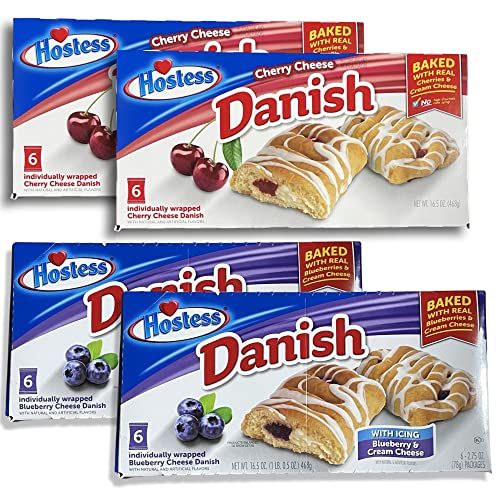 Hostess Blueberry & Cherry Danish Combo Pack | Individually Wrapped | 6 Count Box | Pack of 4 (24 Total) - Specialty Snack by Hostess