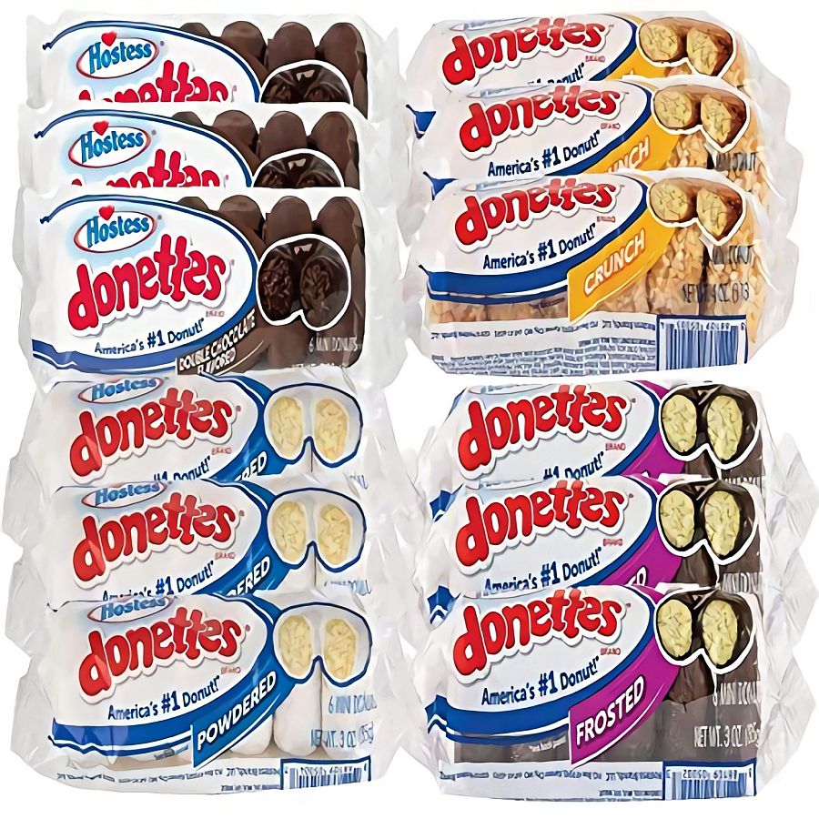 Hostess Donettes Variety | Powdered, Frosted, Double Chocolate, and Crunch | 12 Packs (72 Donettes) - Specialty Snack by Hostess