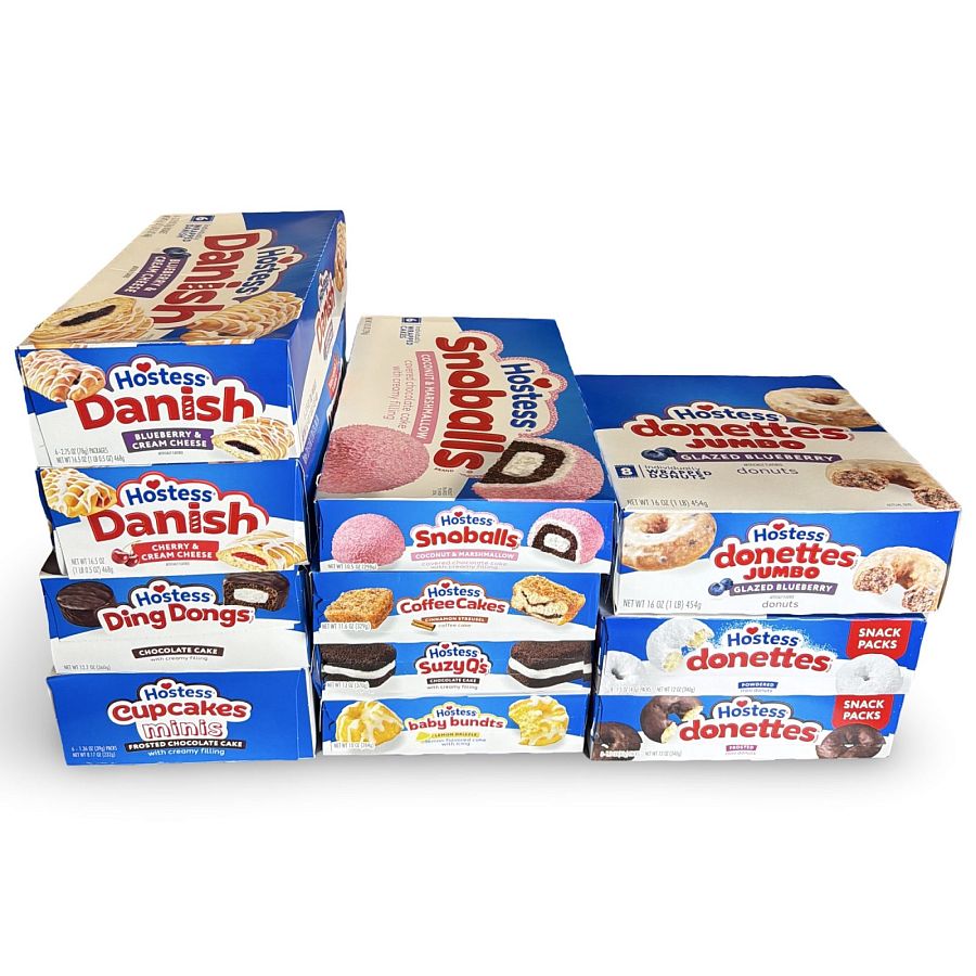 Hostess Premium Snack Cake Care Package Variety Featuring Donettes, Danish, Snoballs, Coffee Cakes, Baby Bundts, Suzy Qs, Cupcakes and More, 11 Boxes, 87 Total Cakes - Specialty Snack by Hostess