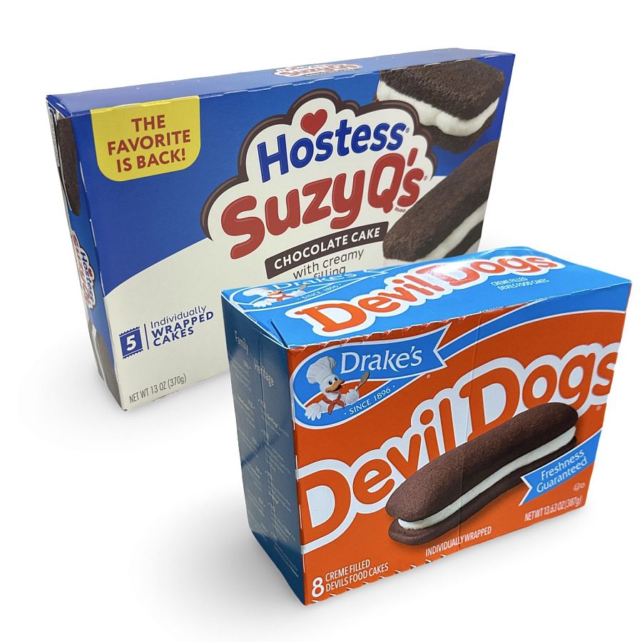 Hostess Suzy Q's vs. Drake's Devil Dogs Combo Pack, Cream Filled Chocolate Snack Cakes, 1 Each - Specialty Snack by Hostess