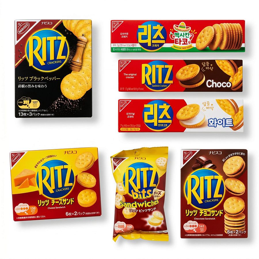 Imported Asian Nabisco Ritz Crackers, Sandwiches & Bits Sampler 1 Each | White, Chocolate & Cheese Sandwich, Cracked Pepper, Cheese Bits - Specialty Snack by Nabisco