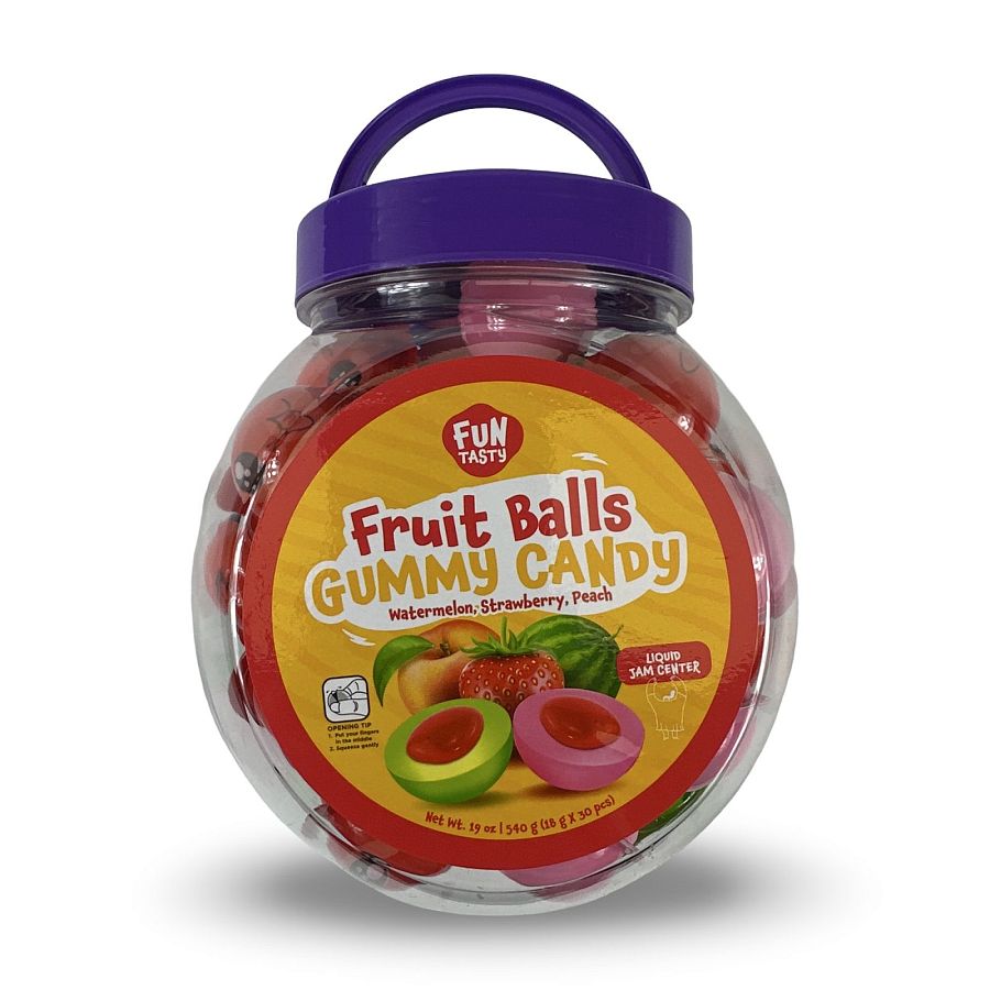 Jam Filled Fruit Gummy Balls, Mixed Fruit Including Peach, Watermelon and Strawberry,  19 Oz Jar, 30 Pieces - Specialty Snack by Funtasty