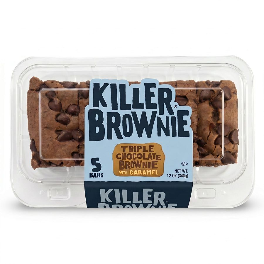 Killer Brownie Triple Chocolate Brownie Bars, 12 oz Tray (5 Count) - Chocolate Chip Brownies with Caramel & Extra Chocolate Chips - Specialty Snack by Killer Brownie