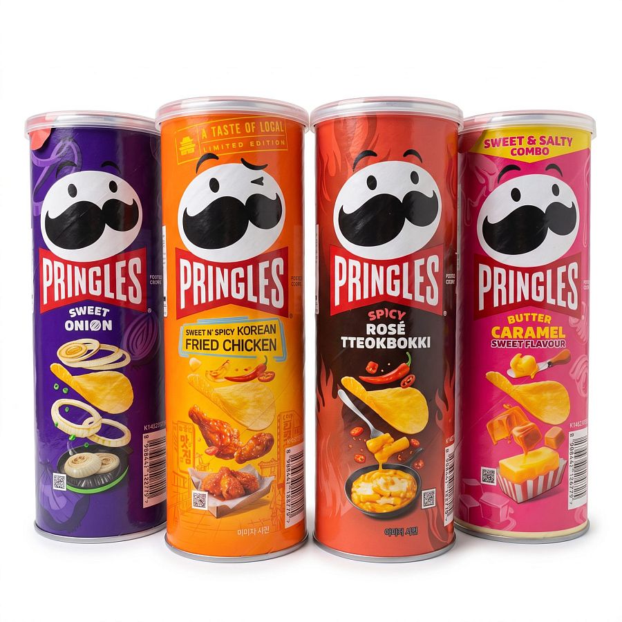 Korean Pringles Exotic Flavor Variety Pack 4 Cans, Rotating Flavors Weekly, May Include Hot Tteokbokki, Korean Fried Chicken, Sweet Onion & Butter Caramel - Specialty Snack by Pringles