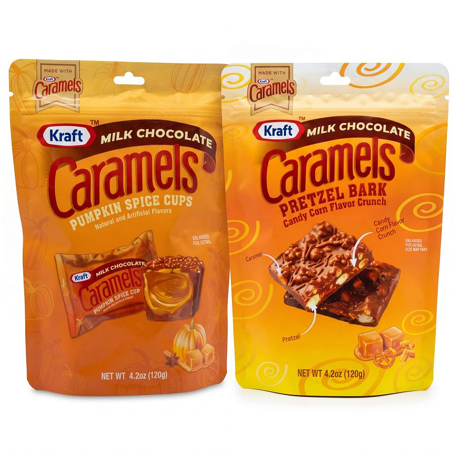 Kraft Caramels Fall Candy 2 Pack Variety | Pretzel Bark Candy Corn Crunch & Pumpkin Spice Caramel Cups | 4.2 oz Bags - Specialty Snack by Kraft