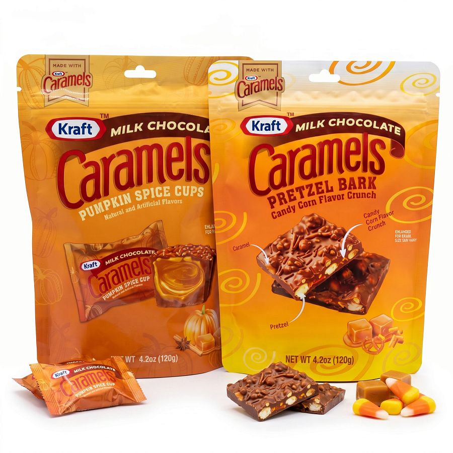 Kraft Caramels Fall Candy 2 Pack Variety | Pretzel Bark Candy Corn Crunch & Pumpkin Spice Caramel Cups | 4.2 oz Bags - Specialty Snack by Kraft