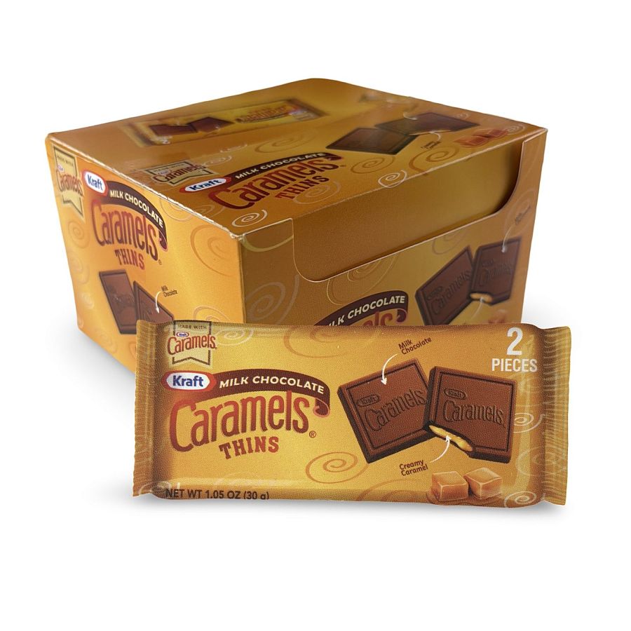Kraft Milk Chocolate Caramel Thins, 2 Piece Packs 12 Count Box Individually Wrapped Candy - Specialty Snack by Kraft