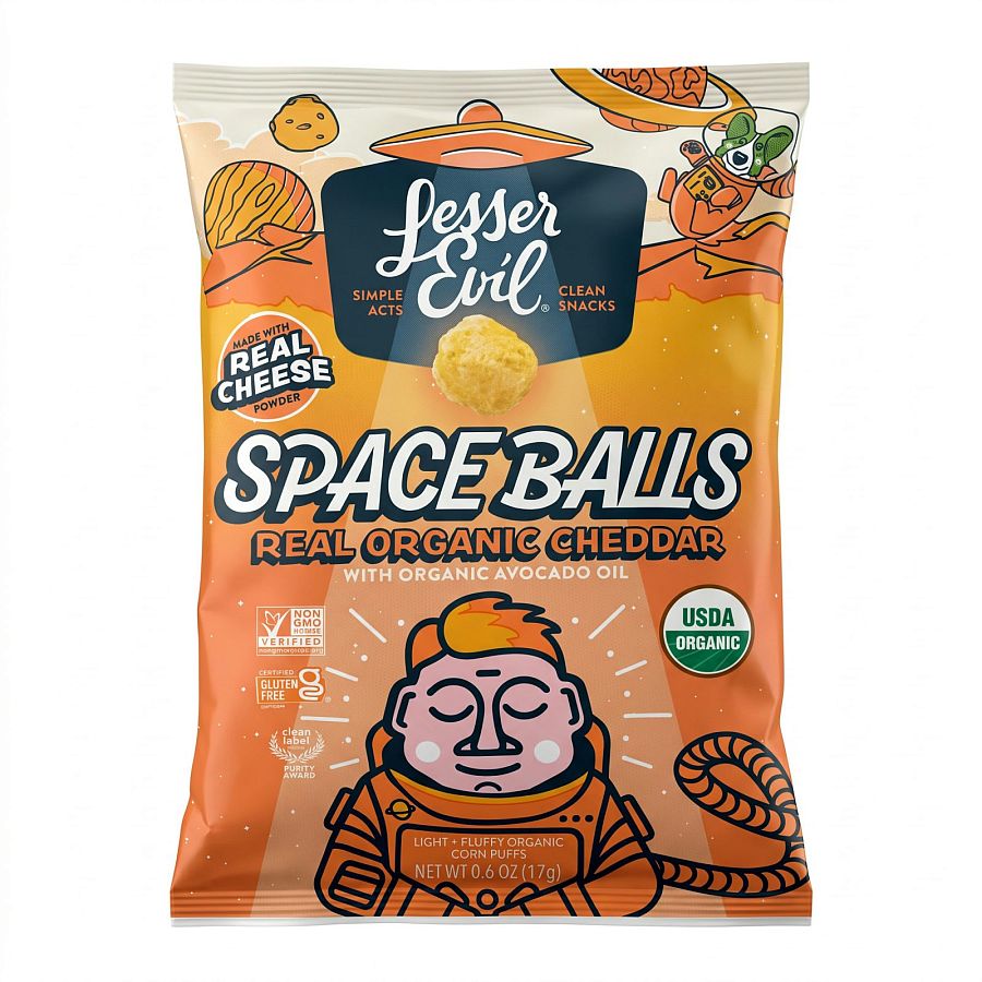 LesserEvil Smart Portion Snack Bags – 16 Pack (0.6 oz Avg) | Space Balls Cheddar - Specialty Snack by LesserEvil