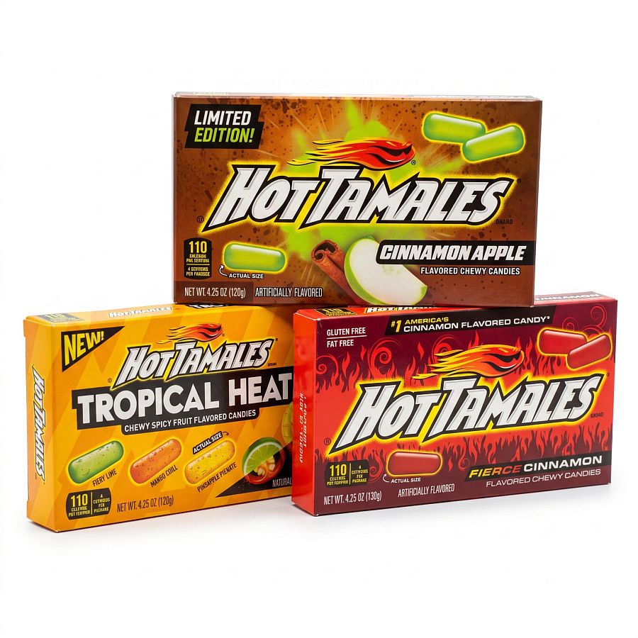 Limited Edition Hot Tamales Chewy Candy, 3 Pack Theater Boxes, Choose Cinnamon Apple, Tropical Heat, Fierce Cinnamon or Sampler - Specialty Snack by Hot Tamales