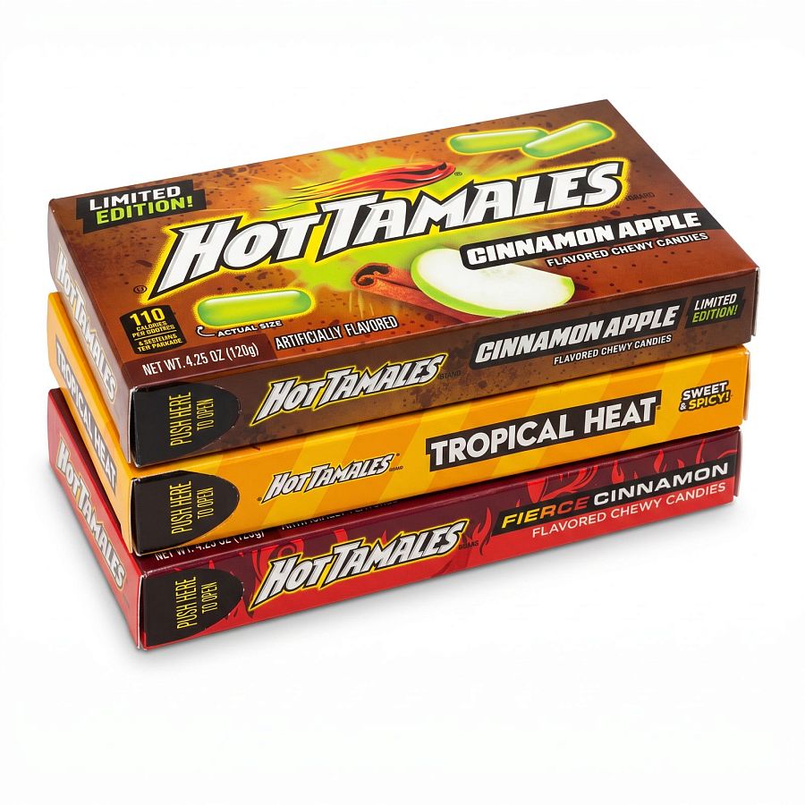 Limited Edition Hot Tamales Chewy Candy, 3 Pack Theater Boxes | Sampler (Cinnamon Apple, Tropical Heat, Fierce Cinnamon) - Specialty Snack by Hot Tamales