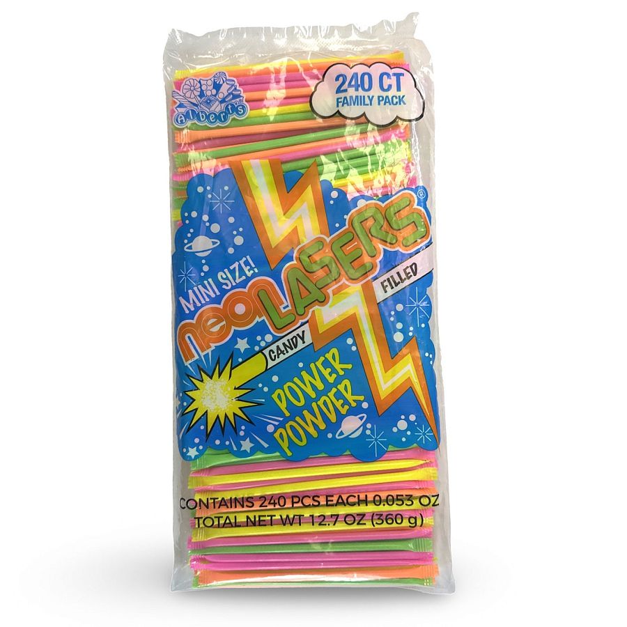Mini Neon Lasers Nostalgic Candy Filled Power Powder, 240 Pieces Bulk Pack - Specialty Snack by Tribeca Curations