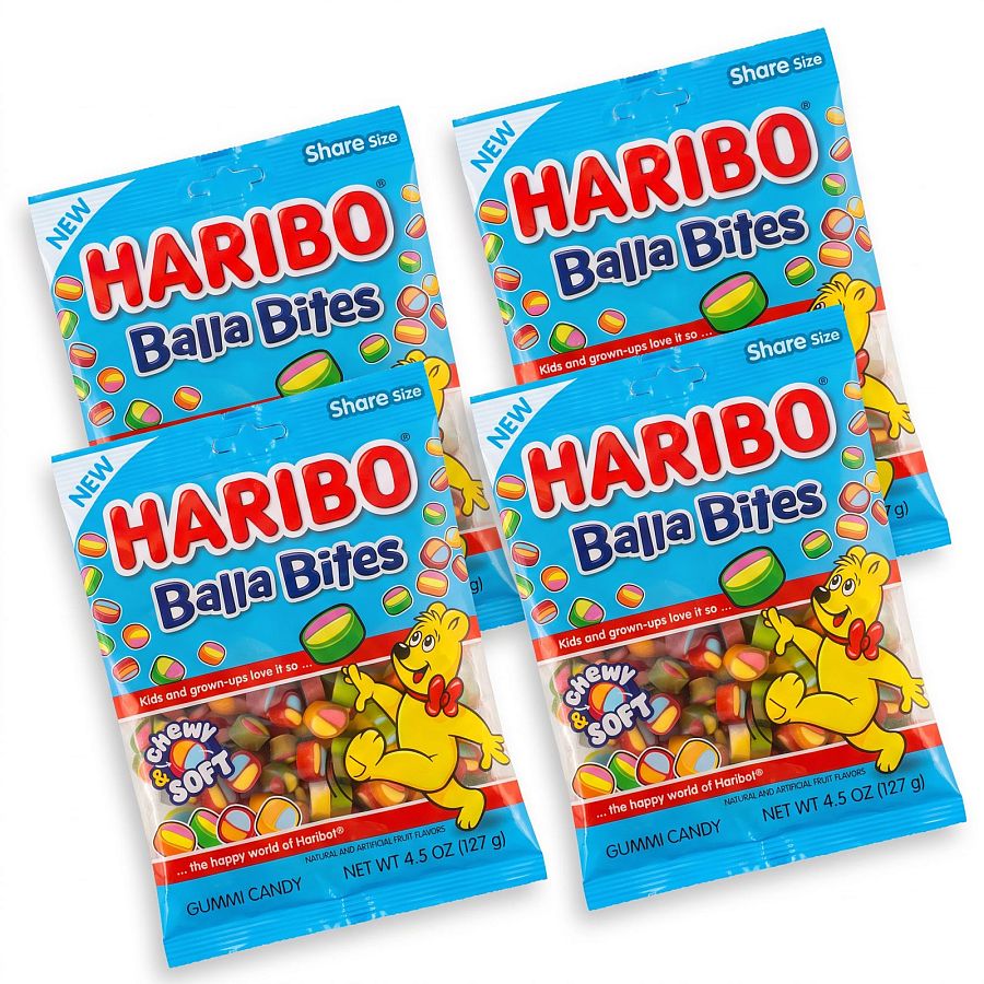 NEW Balla Bites Gummy Candy, Chewy & Soft, 4 Pack, 4.5 oz Share Size Bags - Specialty Snack by Haribo