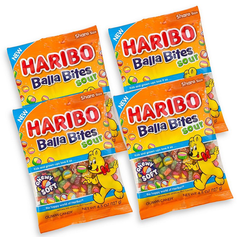 NEW Haribo Balla Bites Sour Gummy Candy, Chewy & Soft, 4 Pack, 4.5 oz Share Size Bags - Specialty Snack by Haribo