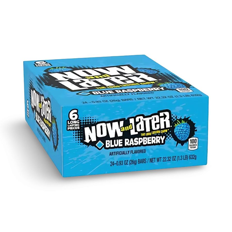 Now and Later Original Sweet Fruit Chewy Taffy, Blue Raspberry, 24 Pack Case - Specialty Snack by Now and Later