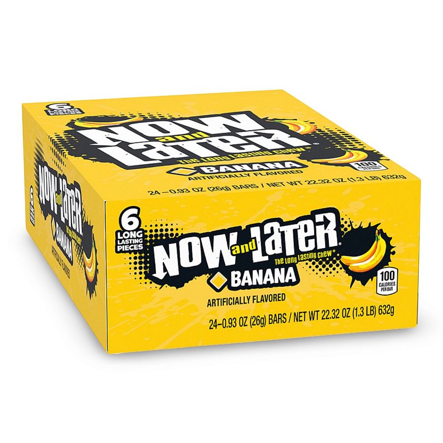 Now and Later Original Sweet Fruit Chewy Taffy, Regular Banana, 24 Pack Case - Specialty Snack by Now and Later