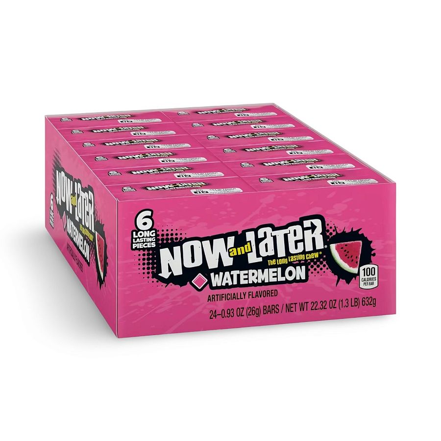 Now and Later Original Sweet Fruit Chewy Taffy, Watermelon, 24 Pack Case - Specialty Snack by Now and Later