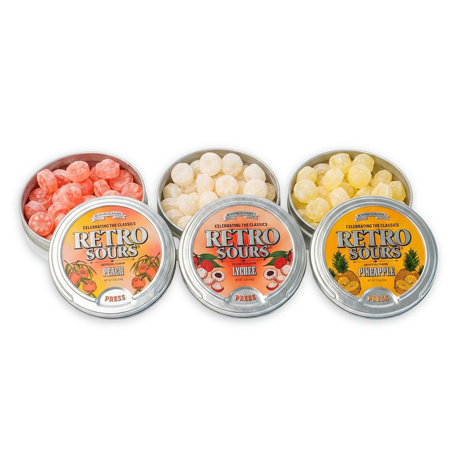 Retro Sours NEW Flavor Trio | Peach, Lychee & Pineapple Sour Hard Candy | 3 Pack - Specialty Snack by Iconic Candy