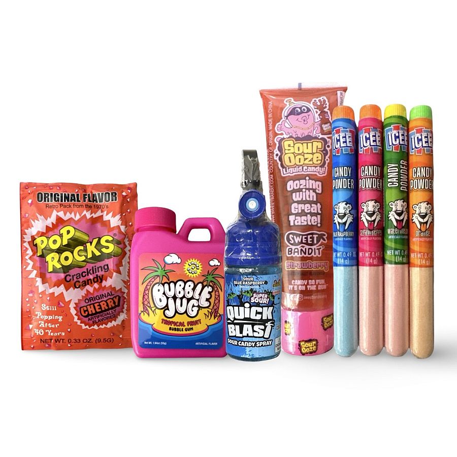 Sour Candy Full Size Sampler 8 Pack – Sour Ooze, Quick Blast, Bubble Jug, Pop Rocks & 4 ICEE Candy Powders - Specialty Snack by ICEE