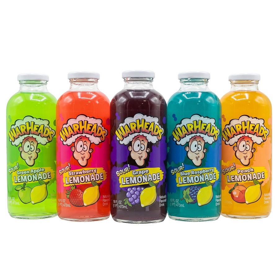 Warheads Sour Lemonade Variety Pack, 5 Naturally Flavored Sour Lemonades, 1 Pt, Green Apple, Strawberry, Grape, Blue Raspberry & Peach - Specialty Snack by Warheads