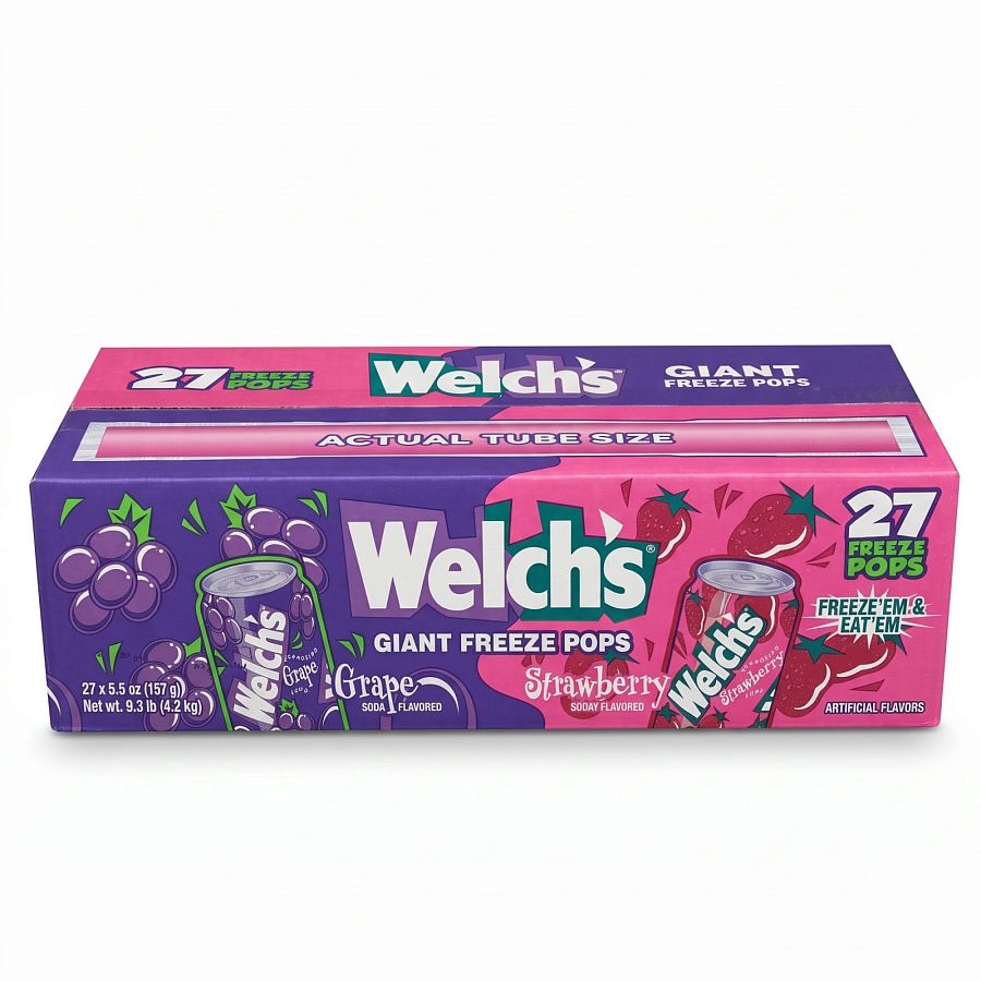 Welch's Soda Giant Freeze Pops, 27 Count, 5.5 oz Each, 15+ Inches Long, Grape Soda & Strawberry Soda Flavors - Specialty Snack by Welch's